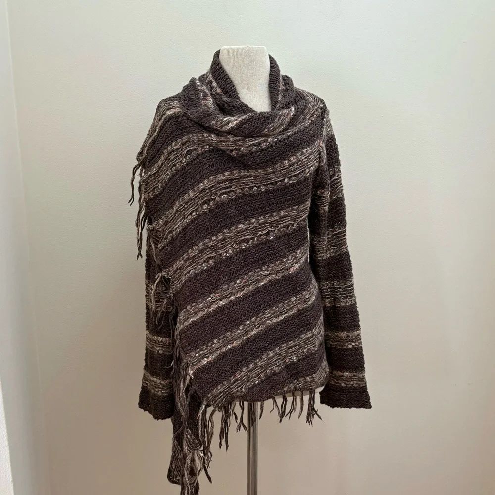 Free People Brown Wool/Mohair/Linen Fringe Cardigan Sweater Size Large Boho Chic
